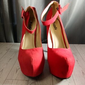 Vibrant Red Platform Chunky Heels with Ankle Strap